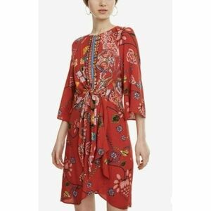 Desigual Red Floral Tie Front Dress Large 46 Spain